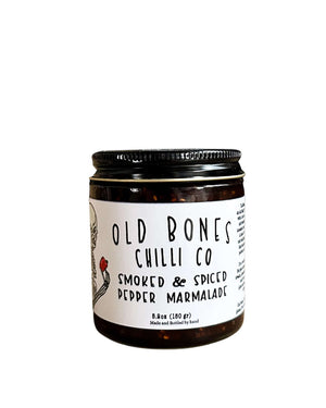 Jar of Old Bones Chilli Co Smoked & Spicy Pepper Marmalade - 8 Awards, featuring a blend of spicy peppers and smoky flavor.