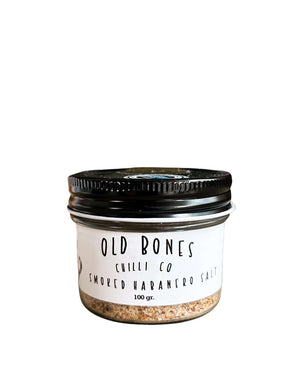 Smoked Habanero Salt 100g in a glass jar from Old Bones Chilli Co, ideal for spicy culinary creations.