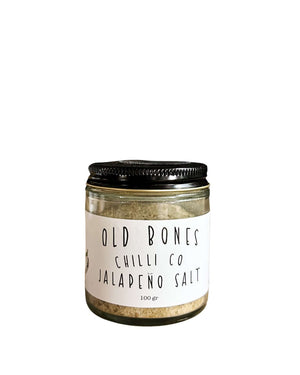 Smoked Jalapeno Salt 100g jar from Old Bones Chilli Co, perfect for gourmet dishes and spicy flavor enhancements.