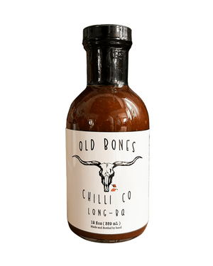 Long-BQ 359mL(12 oz) bottle of Old Bones Chilli Co gourmet BBQ sauce, featuring a complex pepper blend and robust flavor.