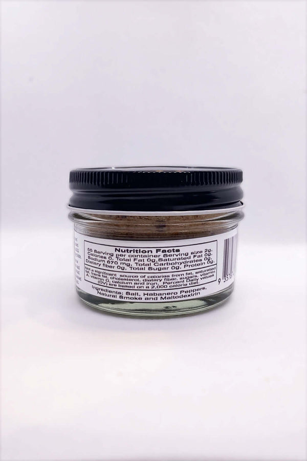 Smoked Habanero Salt 100g jar with nutrition facts on the label, perfect for gourmet cooking and spicy dishes.